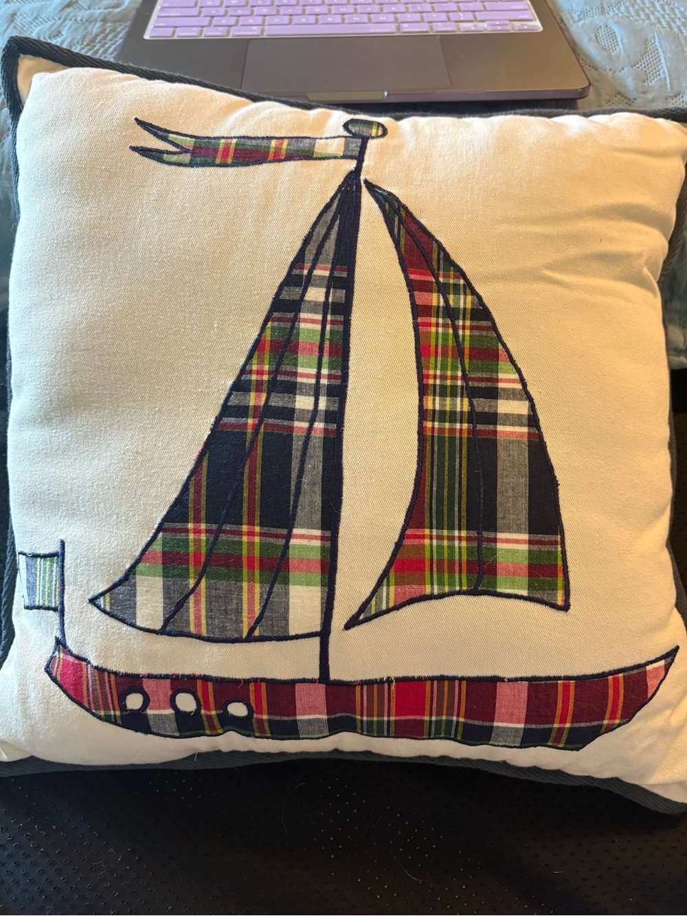 Chaps Sailboat Plaid Decorative Throw Pillow - White with blue trim